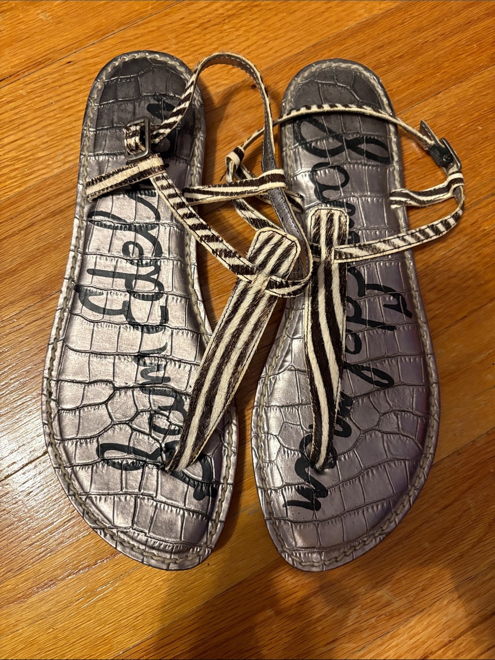 Sam Edelman zebra print calf hair  Gigi Thong Sandals  metallic sliver footbed